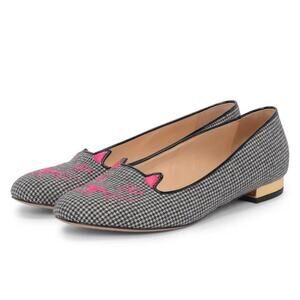 Charlotte Olympia Houndstooth Slip On Kitty Loafer Flats Black/White Womens 36.5